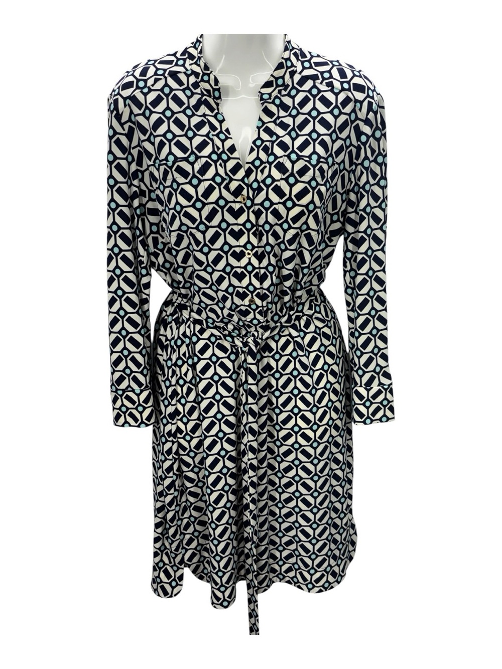 DM Collection Geometric Belted Shirt Dress Long Sleeve Size 8 / EU 38